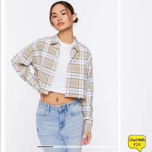 F21 cropped flannel style plaid button up shirt